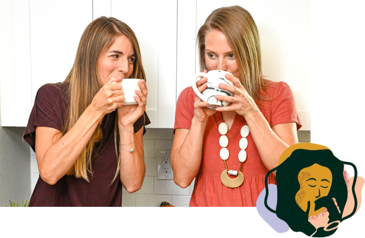 Two women sipping from tea mugs, enjoying the unique flavor profiles of Embrew tea.